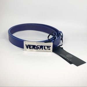 New Versace Plate Logo Leather Belt Blue